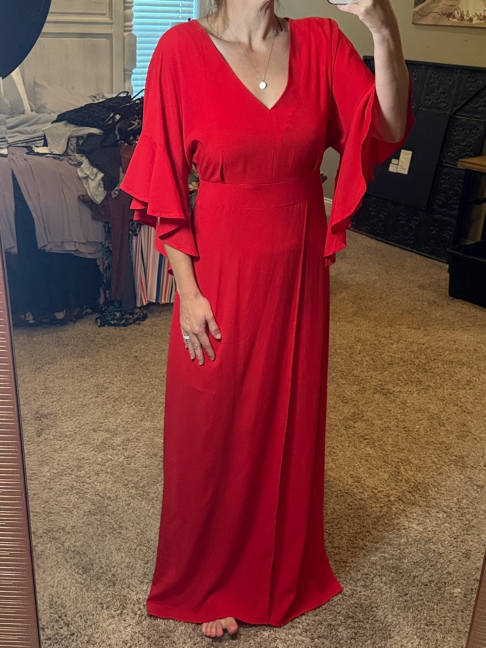 Umgee Red V-Neck Maxi Dress with Layered Flutter Sleeves